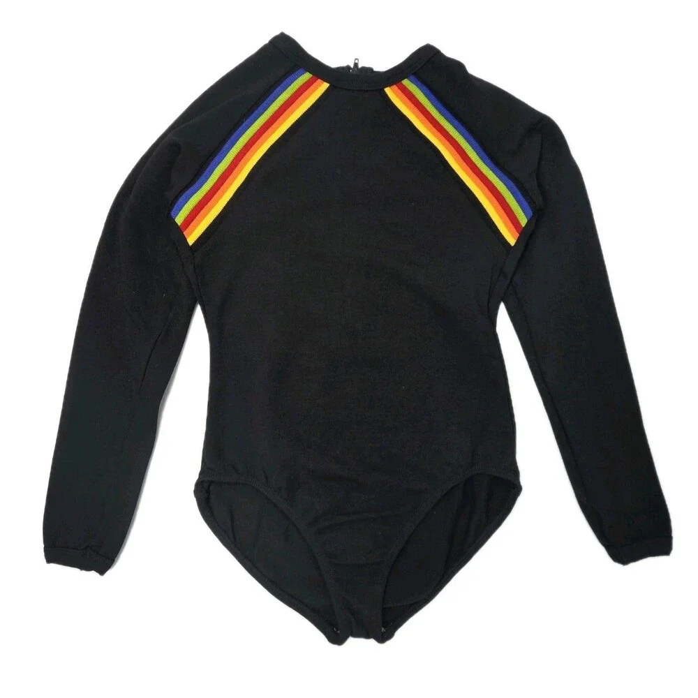 Gilda Marx VTG 80s Cotton Rainbow Stripe LS Leotard Child 12/14 Black NWT
